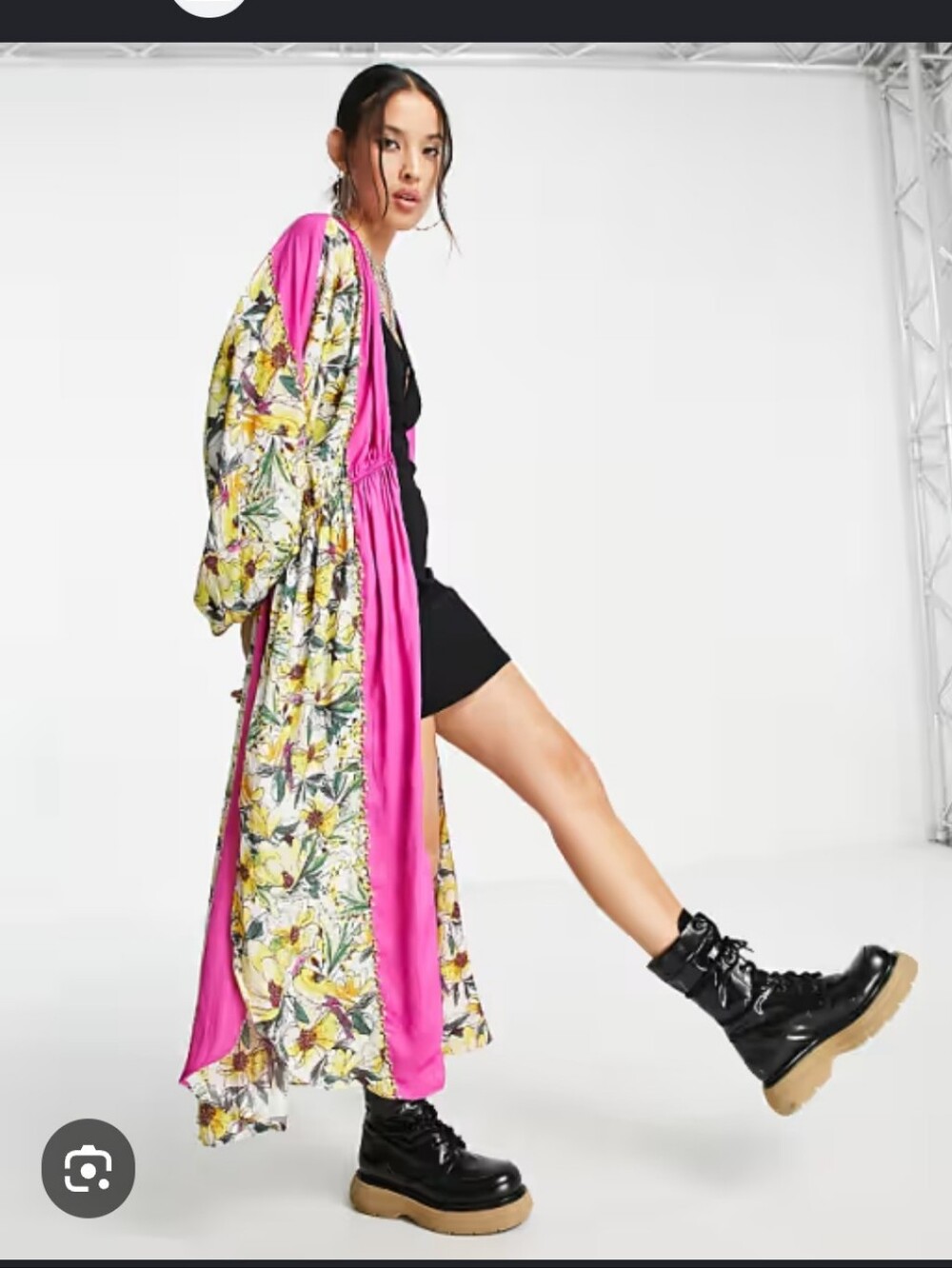 Free People Floral Satin-Trim Long Kimono — Yellow & Hot Pink